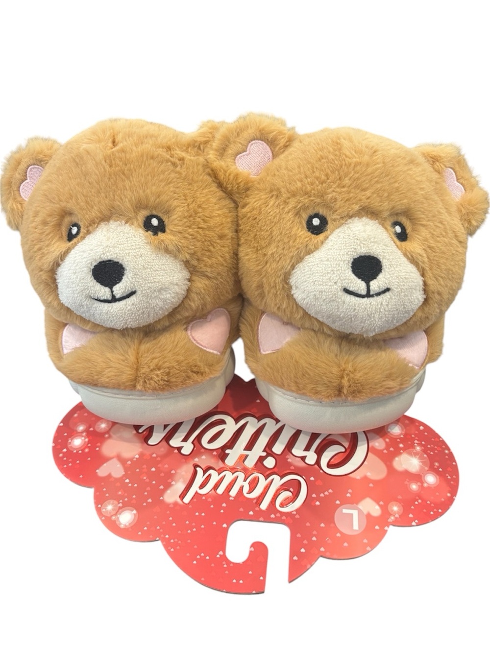 Bear Plush Slip-On Slippers in Light Brown with Pink Hearts NEW